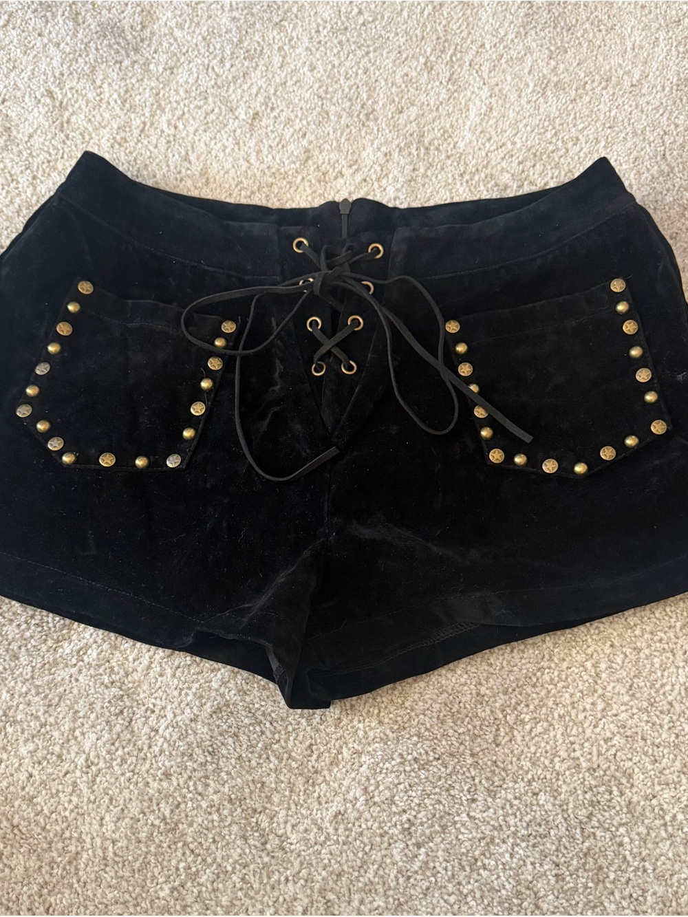 SHEIN Black Velvet Lace-Up High Waist Shorts with Gold Studs